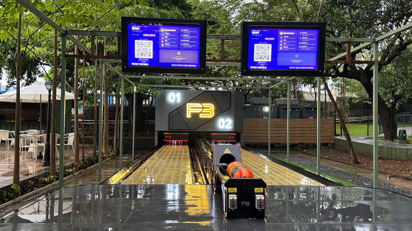 Outdoor double lane setup under canopy front view